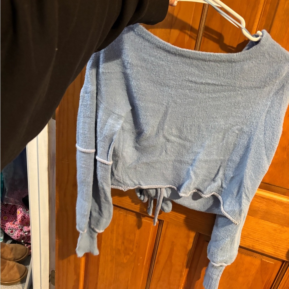 Le Lis Sky Blue Knit Open Back Long Sleeve Top